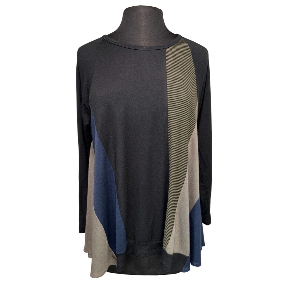 Comfy USA Womens Colorblock Swing Tunic Top S Black Navy Gray Long Sleeve Knit